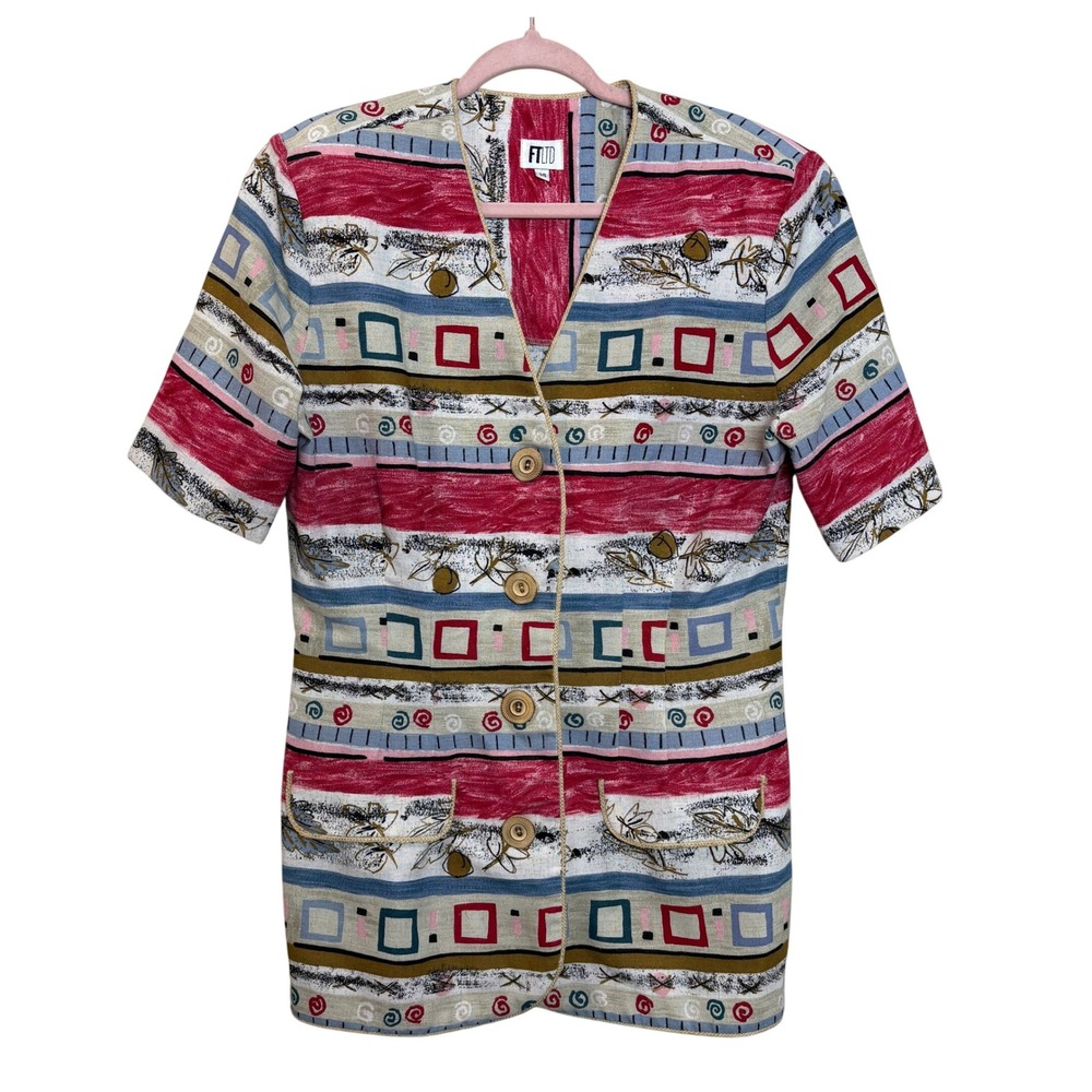 Vintage 80s FTLTD Colorful Patterned Button Flax Shirt Top Women's Large Striped